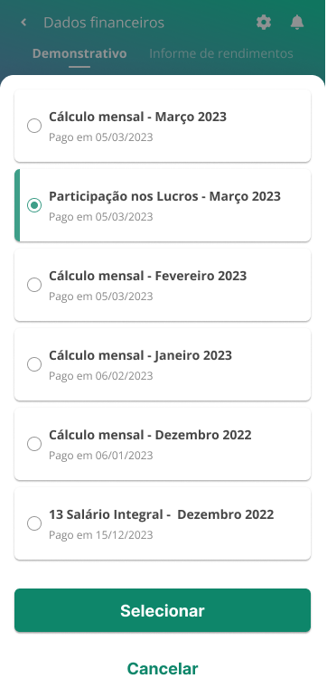 Tela de seleção da competência de pagamento