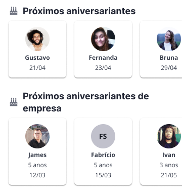 Tela inicial - Lista de aniversariantes e aniversariantes de empresa