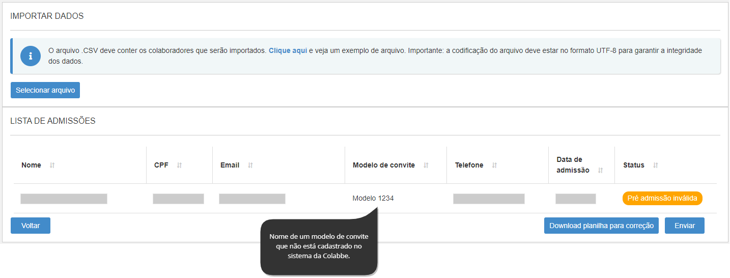 Tela de importação de pré-admissões - registro inválido