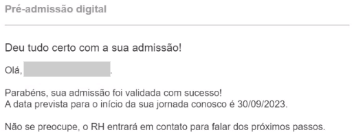 E-mail enviado para o candidato quando o RH valida a admissão