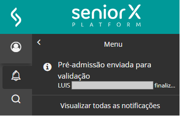 Notificação de nova pré-admissão enviada para validação