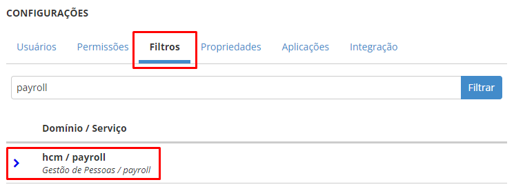 Screenshot da pesquisa na tela de filtros da gestão de papéis