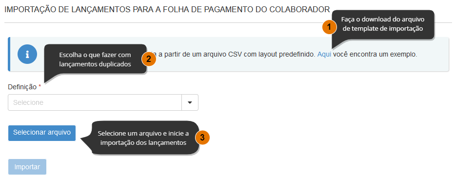 Imagem com os passos para importar um arquivo de lançamentos