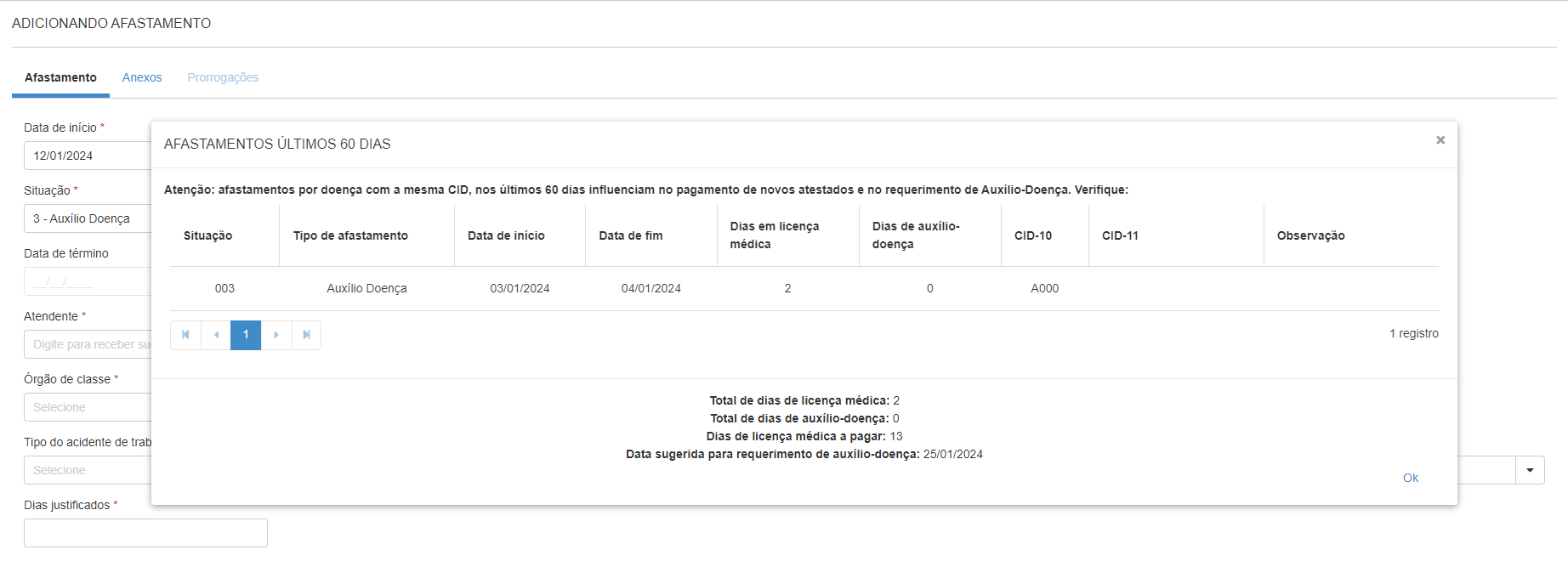 Tela de afastamentos do GDP - relação de afastamentos dos últimos 60 dias