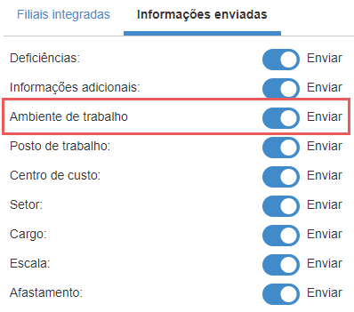 Tela de seleção de informações que serão enviadas na integração