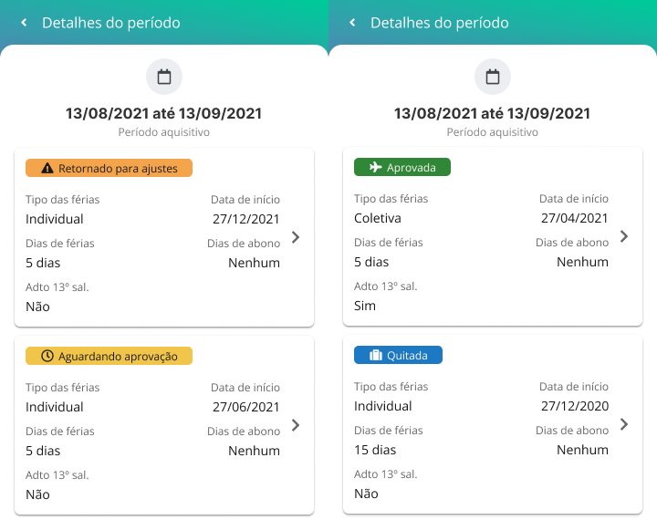 Tela de períodos de férias em aberto - detalhes do período