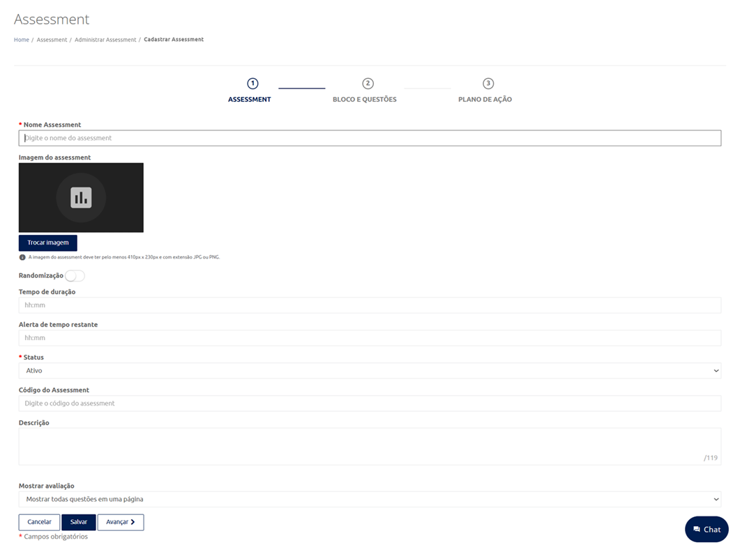 Cadastro de Assessment - Passo 1