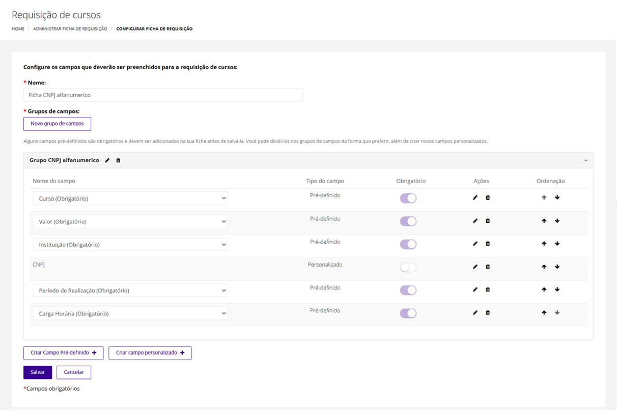 Configurar Campos da Ficha