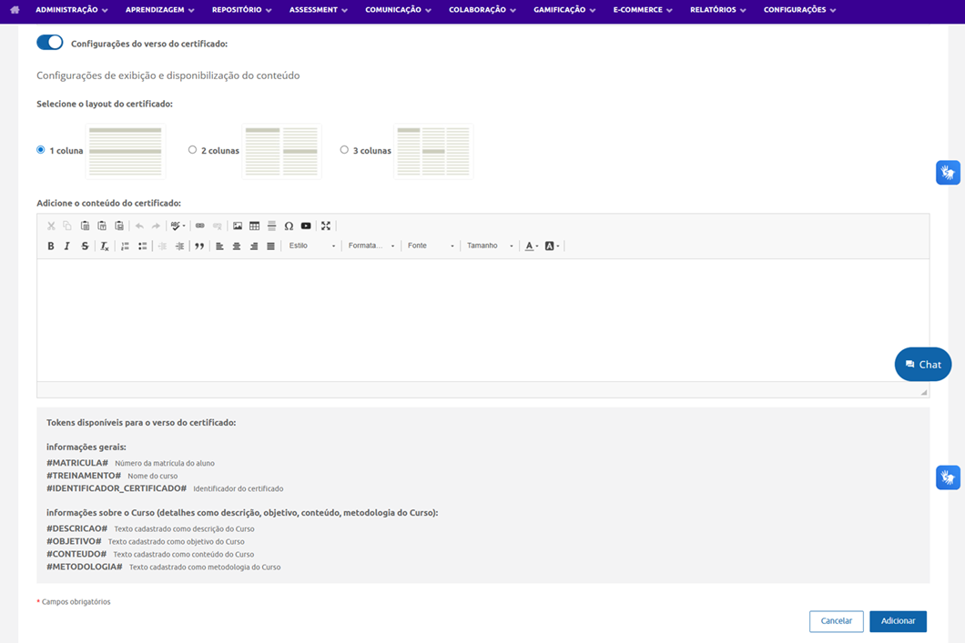 Configurações do Verso