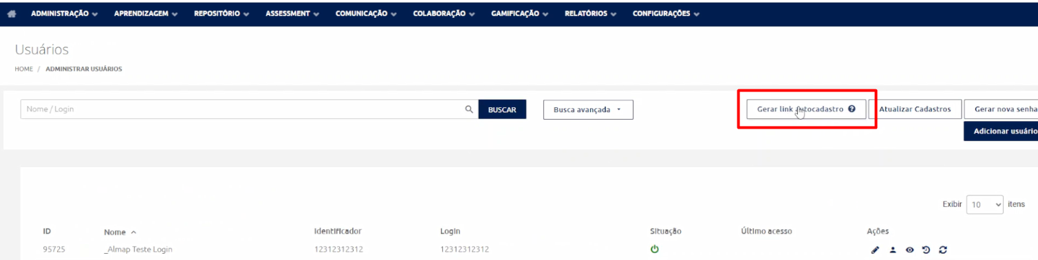 Opção Gerar Link de Autocadastro