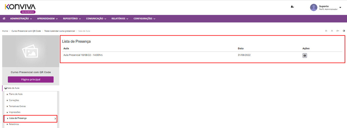Geração da Lista por Aula