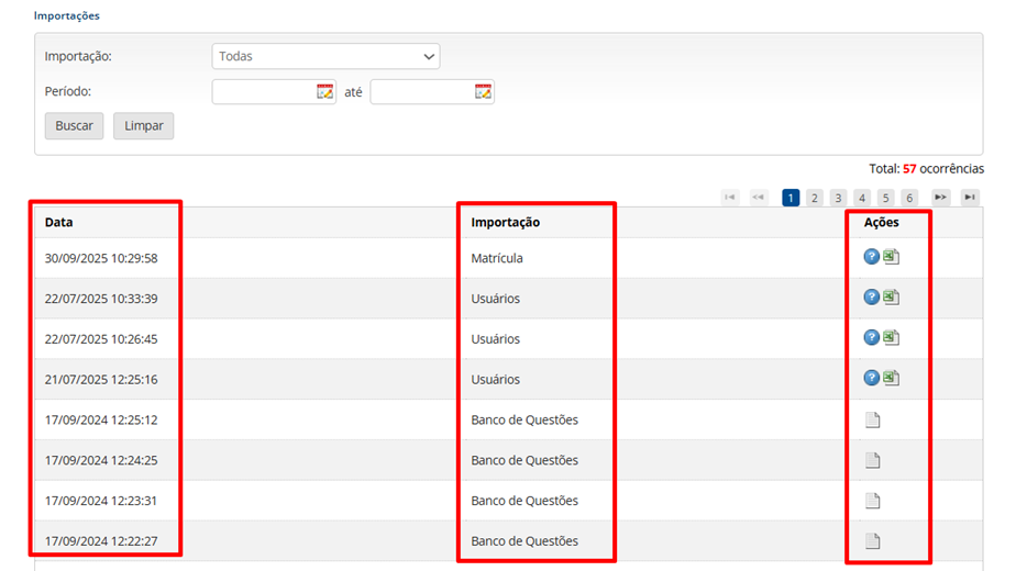 Listagem de Históricos