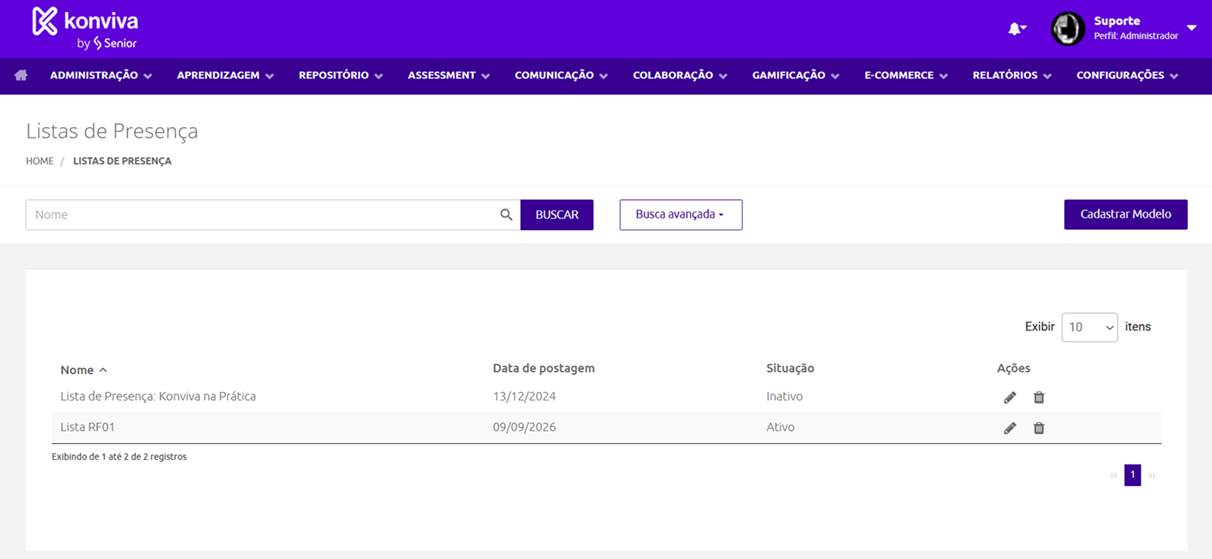 Tela Listas de Presença