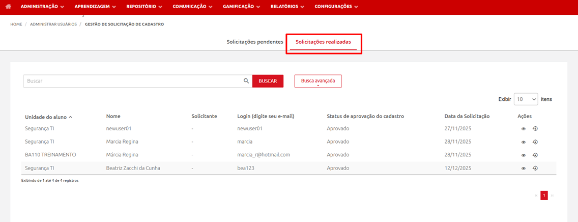 Solicitações Realizadas