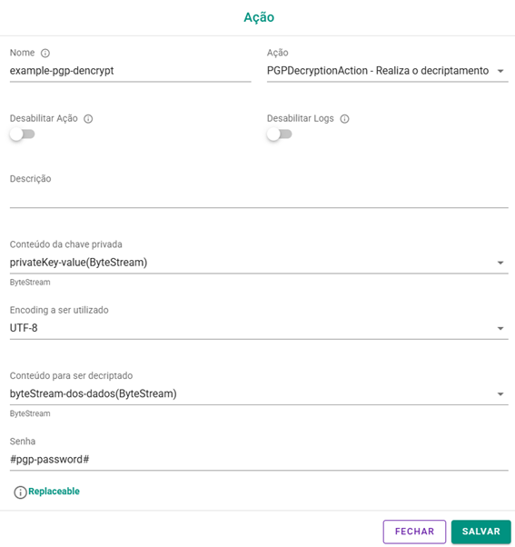 Exemplo de ação de encriptação de dados PGP no Connect