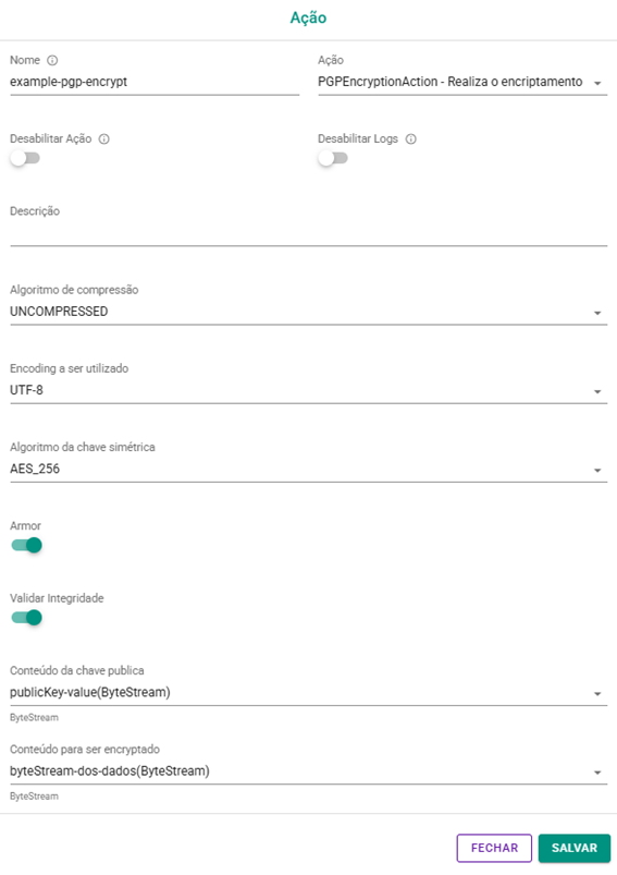 Exemplo de ação de encriptação de dados PGP no Connect