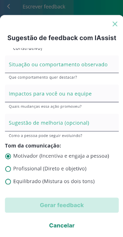 IAssist - Tela para sugerir texto de feedback usando inteligência artificial
