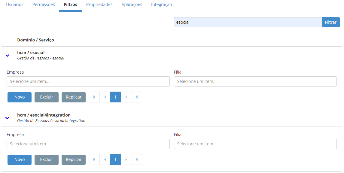 Screenshot da tela de filtros da senior X Platform - filtros por empresa e filial
