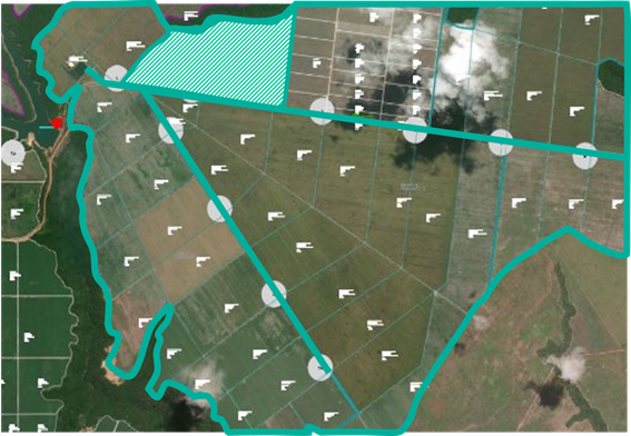 Projeto de irrigação com condutos e área de comando em destaque