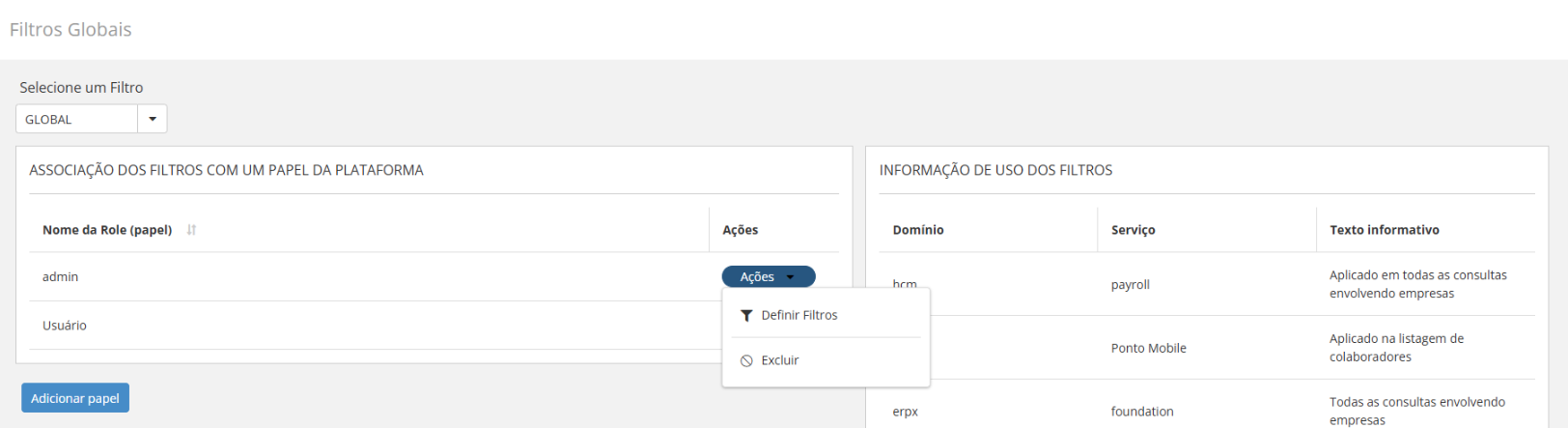 Menu Ações com opção Definir Filtros na lista de papéis