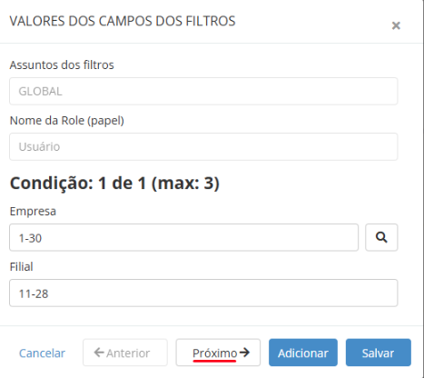 Exemplo de preenchimento das condições dos filtros