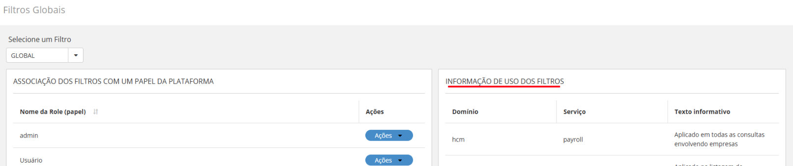 Coluna Informação de Uso dos Filtros com domínio, serviço e descrição