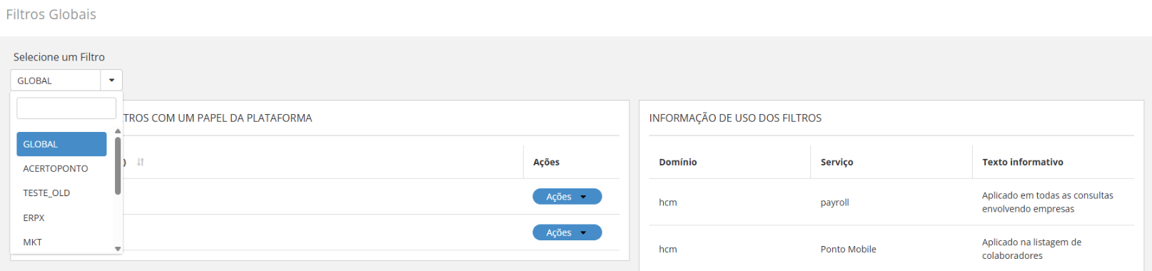 Tela de seleção de filtro com lista de papéis e informações de uso dos filtros